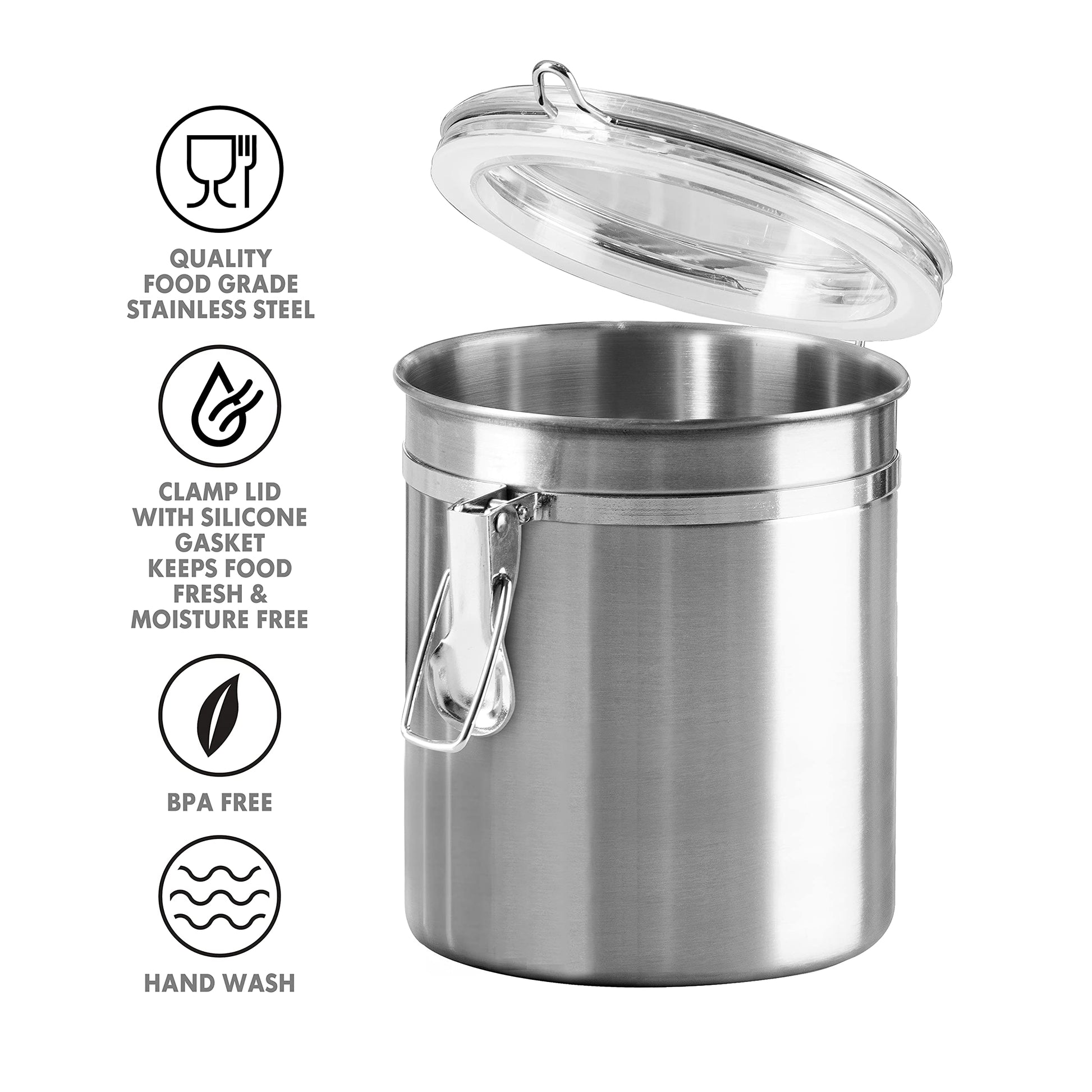 Oggi Set of 4 Stainless Steel Kitchen Canisters - Airtight Clamp Lid, Clear See-Thru Top - Ideal