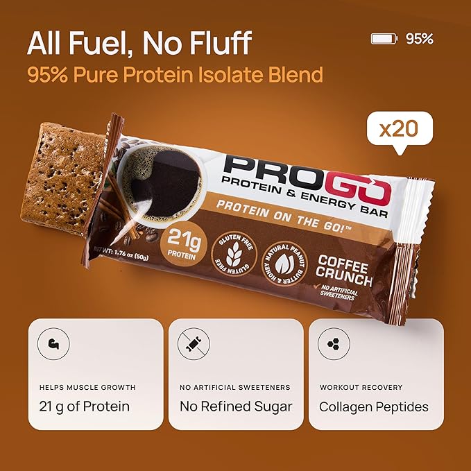 ProGo Protein Bars, Low Sugar, High Protein Snacks (21g) - 95% Pure Isolate for Faster Muscle Growth & Recovery, Low Calorie, Sweetened w/Peanut Butter & Honey (20-Count, Coffee Crunch)