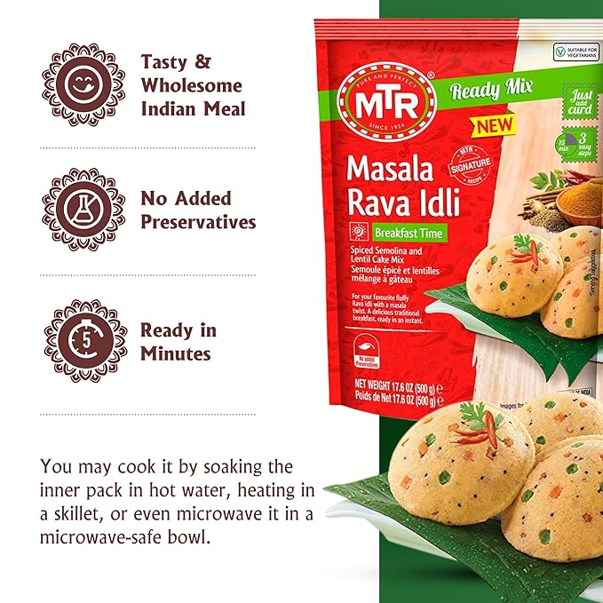 MTR Instant Masala Rava Idli Mix - Ready to Cook Authentic Indian Breakfast, Lunch, Dinner or Snack Meal - No Added Preservatives - A Quick & Easy Recipe Suitable for Vegetarians - (500g, Pack of 3)