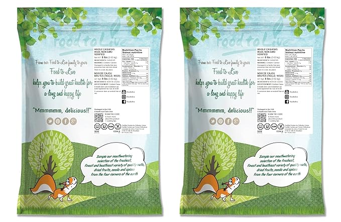 Food to Live Raw Cashews, 16 Pounds ??Non-GMO Verified, Deluxe Whole Nuts, Unsalted, Unroasted, Size W-320, Vegan, Kosher, Bulk