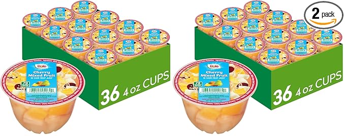 Dole Fruit Bowls Cherry Mixed Fruit in 100% Juice Snacks, 4oz 36 Total Cups, Gluten & Dairy Free, Bulk Lunch Snacks for Kids & Adults (Pack of 2)