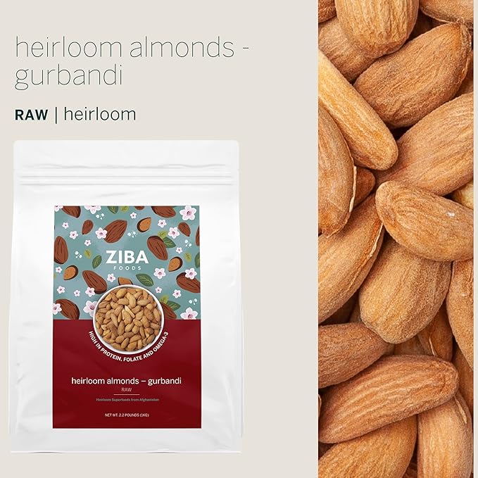 Ziba Foods Heirloom Gurbandi Raw Almonds | Non-GMO, Vegan, Whole 30 Friendly, Keto & Paleo | Heirloom Superfood Naturally High In Vegan Protein & Omega 3s, 2.2 lbs