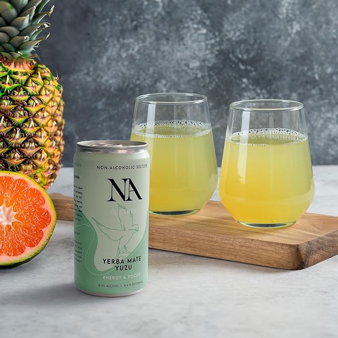 NA Non-Alcoholic Functional Mocktails with Natural Caffeine, Lions Mane Mushroom & L-Theanine for Focus and Energy | Low Sugar, Low Calorie Social Tonic, Yerba Mate Tea and Yuzu, 8.4oz Cans (12 Pack)