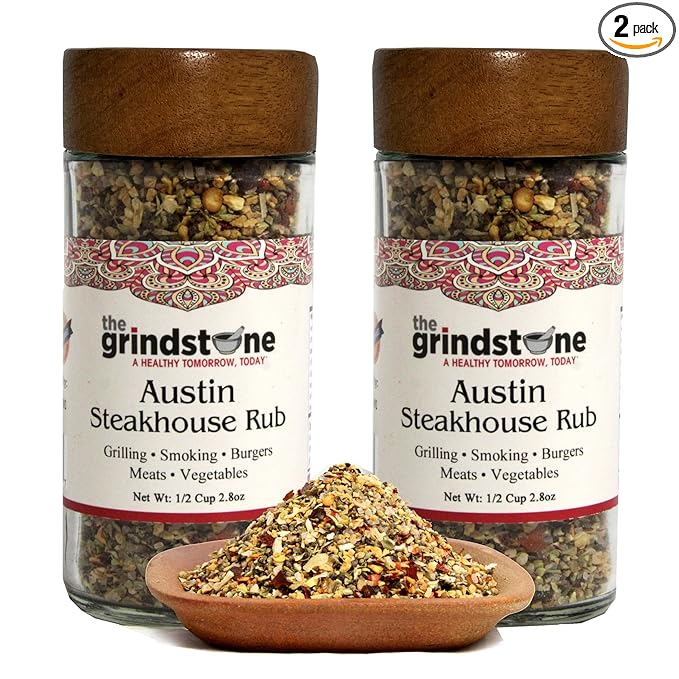 The Grindstone, Austin Steak Rub, Salt-Free dry rub for steaks, tacos, burgers, veggie burgers, stuffing, glass Jar with sifter, 2.8 oz, Pack of 2