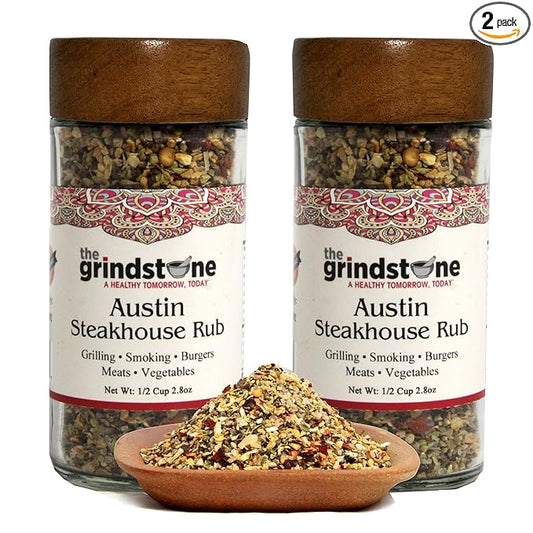 The Grindstone, Austin Steak Rub, Salt-Free dry rub for steaks, tacos, burgers, veggie burgers, stuffing, glass Jar with sifter, 2.8 oz, Pack of 2