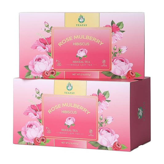TEAFAY Hibiscus Tea with Rose and Mulberry ??20 Count (40 Cups), 100% Natural, Handpicked, Whole Leaf Pyramid Tea Bags, Individually Wrapped, Caffeine-Free