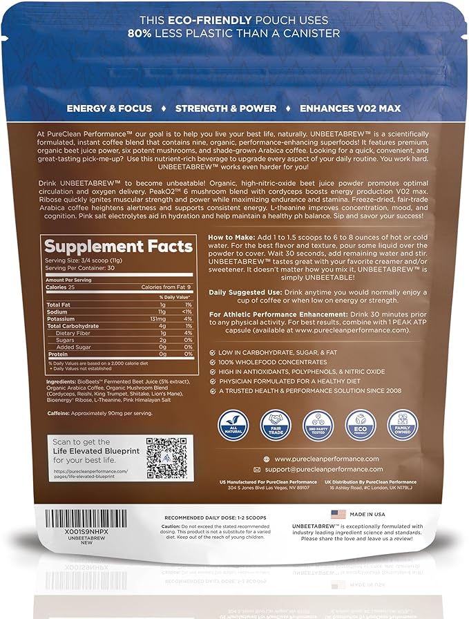 UNBEETABREW Organic Instant Coffee ??Superfood Boost with Beet Juice, Adaptogens, L-Theanine & D-Ribose ??Boost Focus, Strength & Stamina ??Organic Instant Arabica Beans - Made in USA - 60 Servings