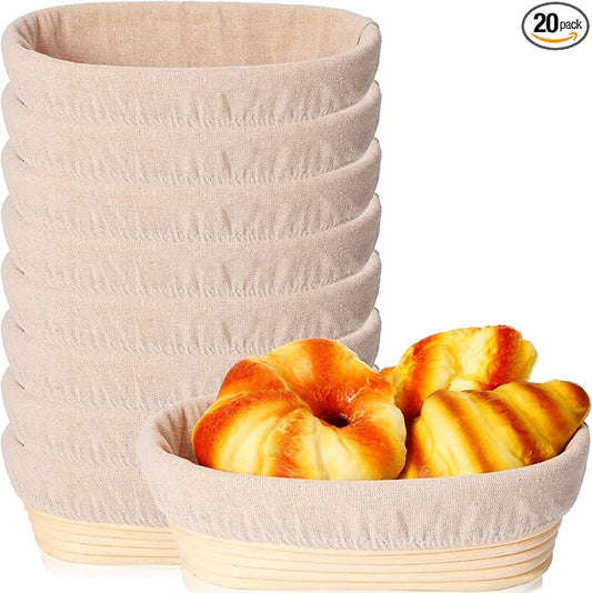 Gejoy 20 Sets Bread Proofing Baskets Bulk Shaped Banneton Dough Proofing Bowls Kit with Cloth Liner and Plastic Scraper Sourdough Proofing Basket for Home Sourdough Bakers (Oval, 10'')