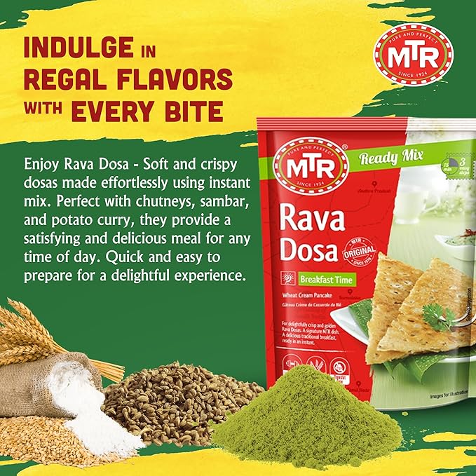 MTR Instant Rava Dosa Mix - Ready to Cook Authentic Indian Breakfast, Lunch, Dinner or Snack Meal - No Added Preservatives - A Quick & Easy Recipe Suitable for Vegetarians - (500g, Pack of 3)