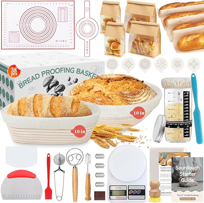 Aliggbent 38Pcs Sourdough Bread Baking Supplies, 10'' Round & Oval Banneton Bread Proofing Baskets with 24 oz Sourdough Starter Jar Kit, Digital Scale, Bags ï¼?Bread Making Tools Kit for Artisan Baking