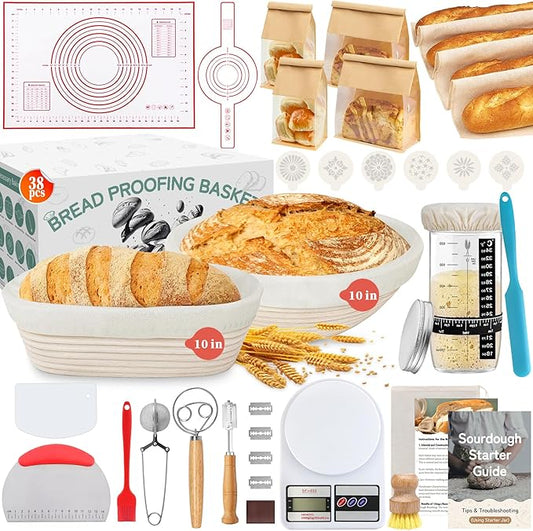 Aliggbent 38Pcs Sourdough Bread Baking Supplies, 10'' Round & Oval Banneton Bread Proofing Baskets with 24 oz Sourdough Starter Jar Kit, Digital Scale, Bags ï¼?Bread Making Tools Kit for Artisan Baking