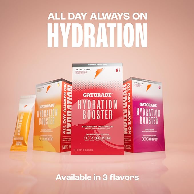 Gatorade Hydration Booster Electrolyte Drink Mix Powder Packets, Tropical Mango, Advanced Electrolyte Blend, No Added Colors, No Artificial Sweeteners, Essential Vitamins A, C, B3, B5, B6, Makes 20 Fl Oz, (6 Pack)