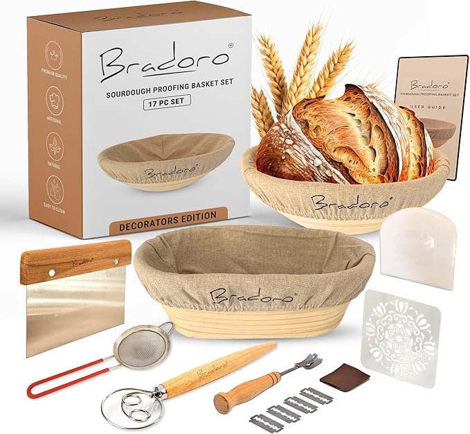 Banneton Bread Proofing Basket Set, 10 Inch Oval & 10 Inch Round Whicker Bread Proofing Baskets with Sourdough Bread Baking Supplies, Bread Making Kit Decorators Edition