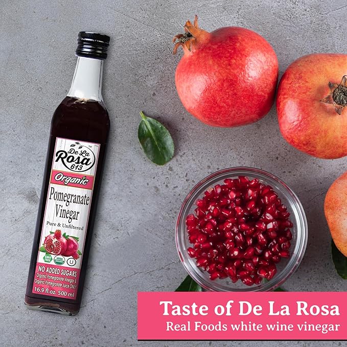 De La Rosa Organic Pomegranate Vinegar, Pure & Unfiltered, Vegan, Gluten Free & Kosher, Great for Salad Dressing, Marinades, 100% Pure Pomegranate Vinegar 16.9 Oz (pack of 1)