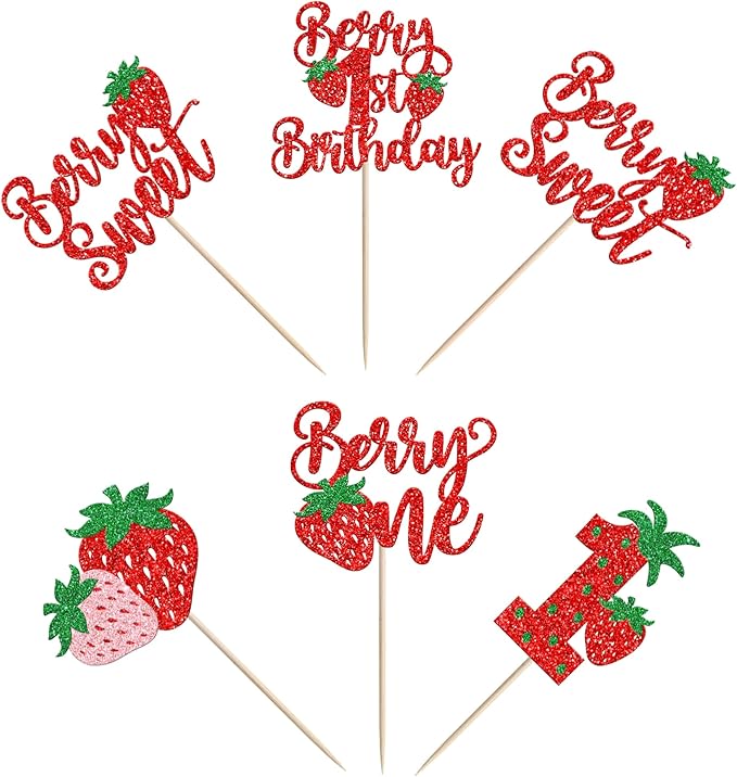 30 Pack Sweet One Cupcake Toppers Glitter First Birthday Strawberry Cupcake Picks for Fruit Baby Shower 1st Birthday Berry One Sweet Cake Decorations Party Supplies Red