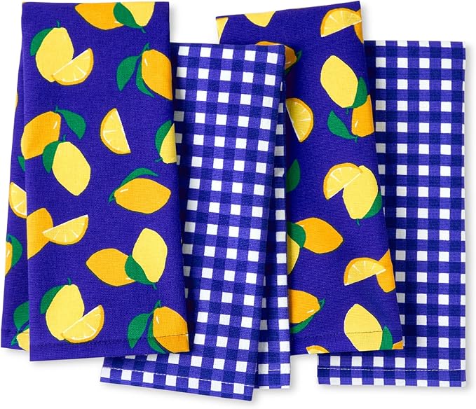Kate Spade New York Lemon Party and Spring Gingham Kitchen Towels 4-Pack Set, Absorbent 100% Cotton, Navy Blue/Yellow, 17"x28"