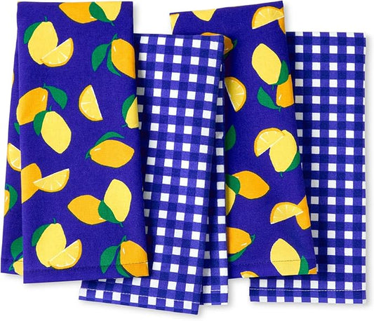 Kate Spade New York Lemon Party and Spring Gingham Kitchen Towels 4-Pack Set, Absorbent 100% Cotton, Navy Blue/Yellow, 17"x28"