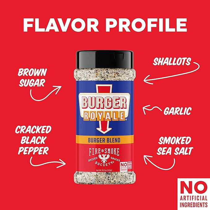 Fire & Smoke Burger Royale Burger Seasoning | BBQ Rub for Smoking and Grilling Meat | Beef, Pork, Chicken, Turkey, Veggie | BBQ Rubs and Spices | Brown Sugar, Smoked Salt, Garlic, Black Pepper | XL 13.2 oz