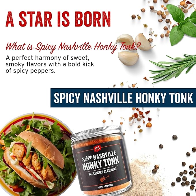 PS Seasoning Honky Tonk Nashville Hot Chicken Seasoning - Spicy Chicken BBQ Seasoning and Rubs for Smoking, Grilling, Frying, Roasting - Nashville Style Dry BBQ Rub for Poultry, Wings, Ribs, Dips