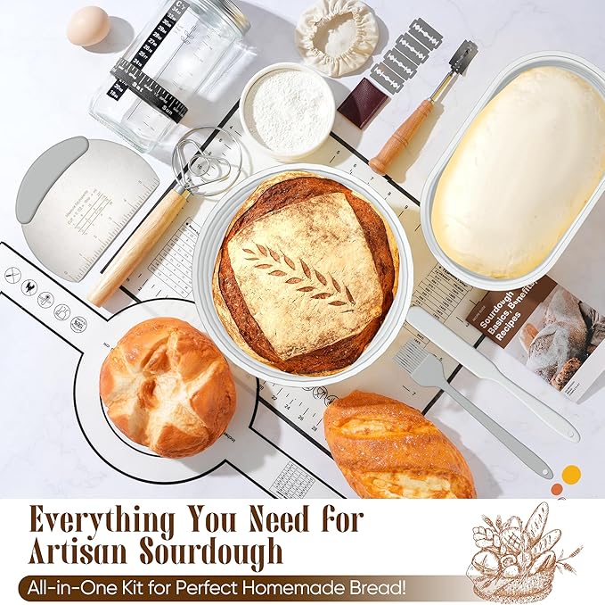 Sourdough Starter Kit with Jar ??Complete Sourdough Bread Baking Supplies for Beginners, Includes 2 Silicone Proofing Baskets Baking Mat Sour Dough Kit - Gray