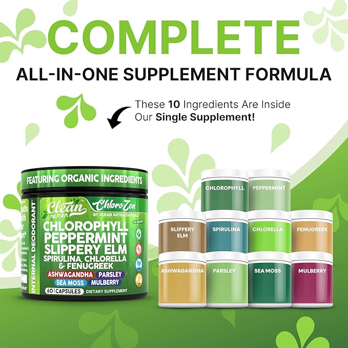 Clean Nutra Chlorophyll Peppermint Slippery Elm Spirulina Chlorella Fenugreek Ashwagandha Sea Moss Supplement ??Ph Balance for Women Detox Internal Deodorant Supplements + Prebiotics 60 Vegan Capsules