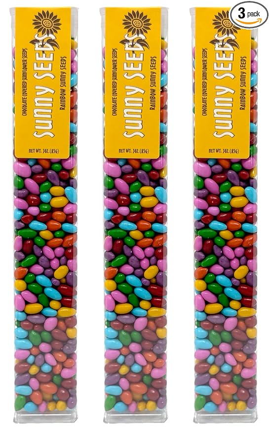 Chocolate Covered Sunflower Seeds Multicolored Candy Coated Treats - Rainbow Party Favors - Sweet and Crunchy Topping - Pack of 3