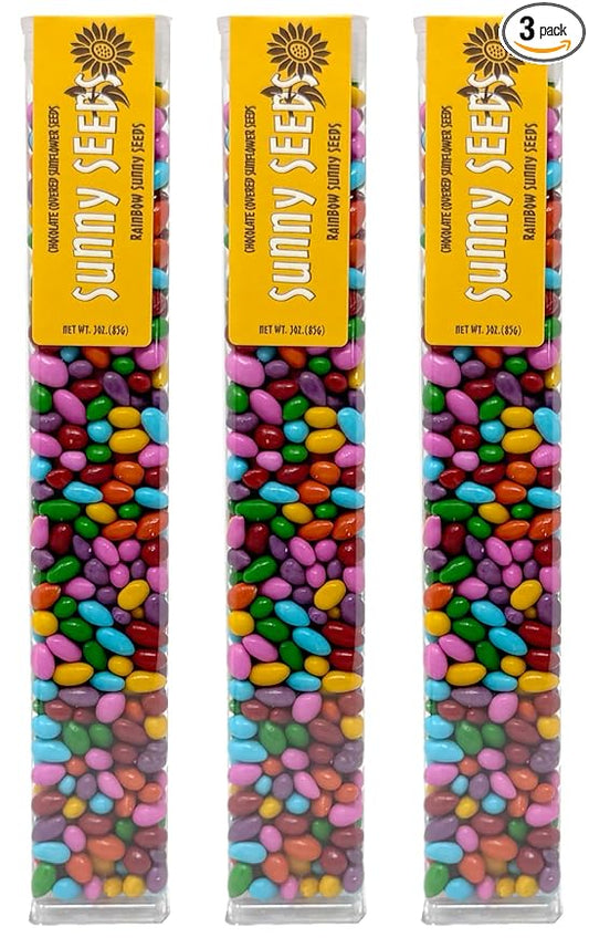 Chocolate Covered Sunflower Seeds Multicolored Candy Coated Treats - Rainbow Party Favors - Sweet and Crunchy Topping - Pack of 3