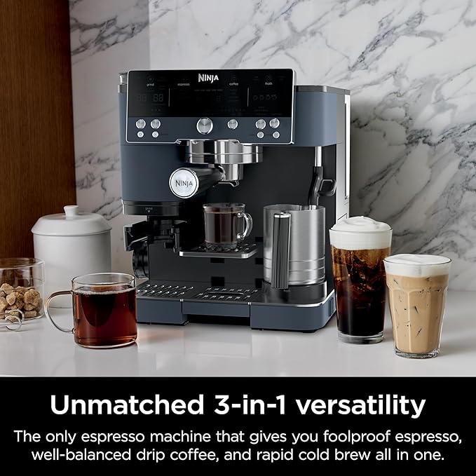 Ninja Luxe Caf챕 Premier Series, Espresso Machine, Drip Coffee Maker & Rapid Cold Brew, Integrated Grinder, Assisted Tamper, Hands-Free Frother, for Cappuccinos & Lattes, Cyberspace, ES601CY