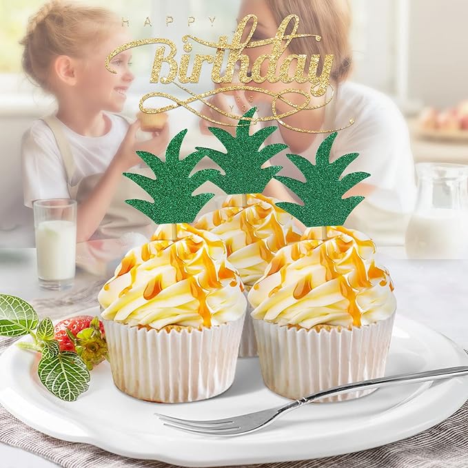 48PCS Pineapple Cupcake Donut Cake Toppers, Pineapple Cute Cupcake Picks for Summer Tropical Hawaiian Party Cake Decorations