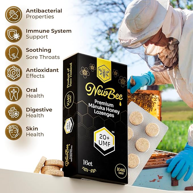 Manuka Honey Lozenges, 16 Count Made W/UMF 20+, MGO 1046 New Zealand Manuka Honey, UMF Certified, Monofloral, Traceable from Hive to Hand