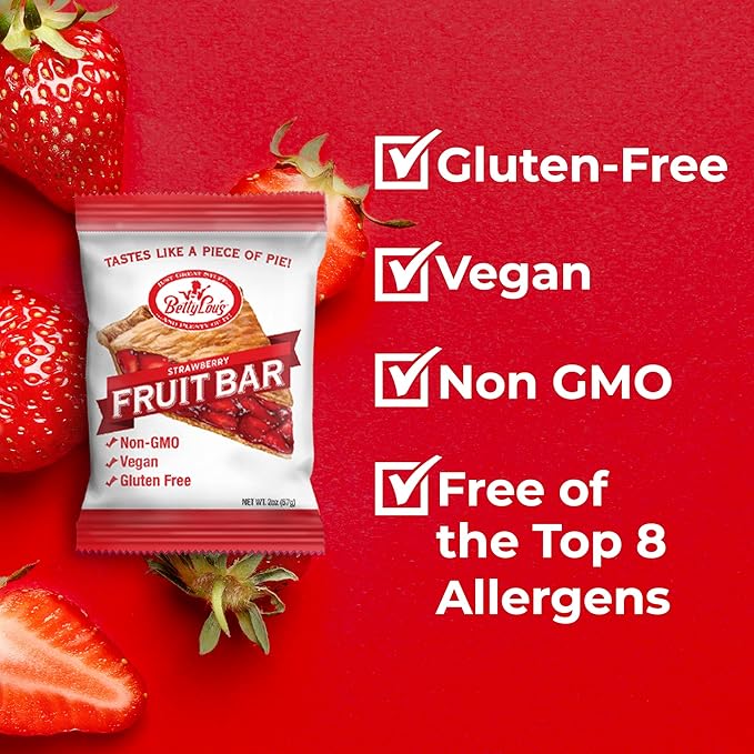Betty Lou's Fruit Bars, Strawberry Pack of 12, Gluten Free, Vegan, Non GMO, Deliciously Healthy Snacks Made with All Natural Fruit Juice, Individually Wrapped, 2 oz. Each, 12 Bars