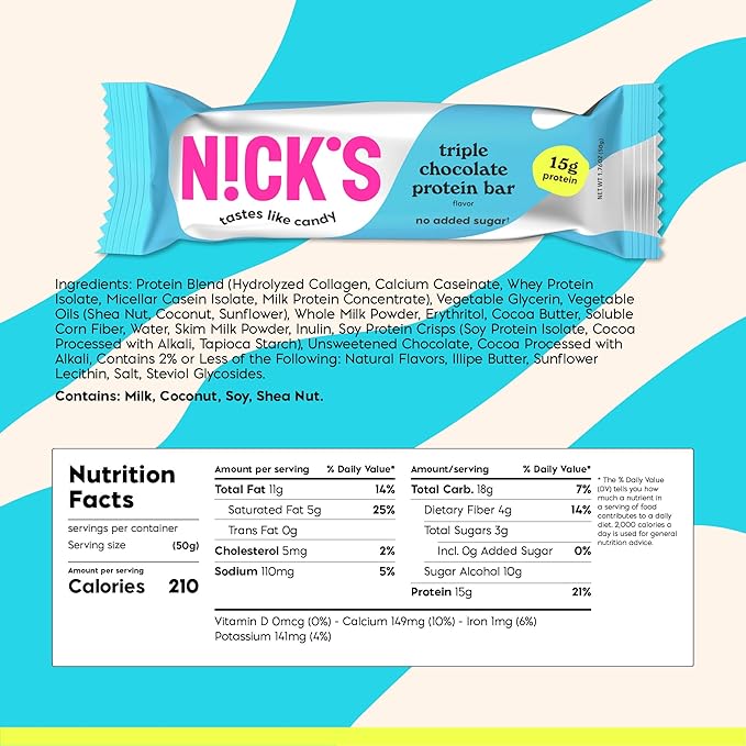 Nick?™s Triple Chocolate Protein Bars ??12-Count Box | High Protein, Low Calories, Low Carbs, Keto Friendly, No Added Sugar
