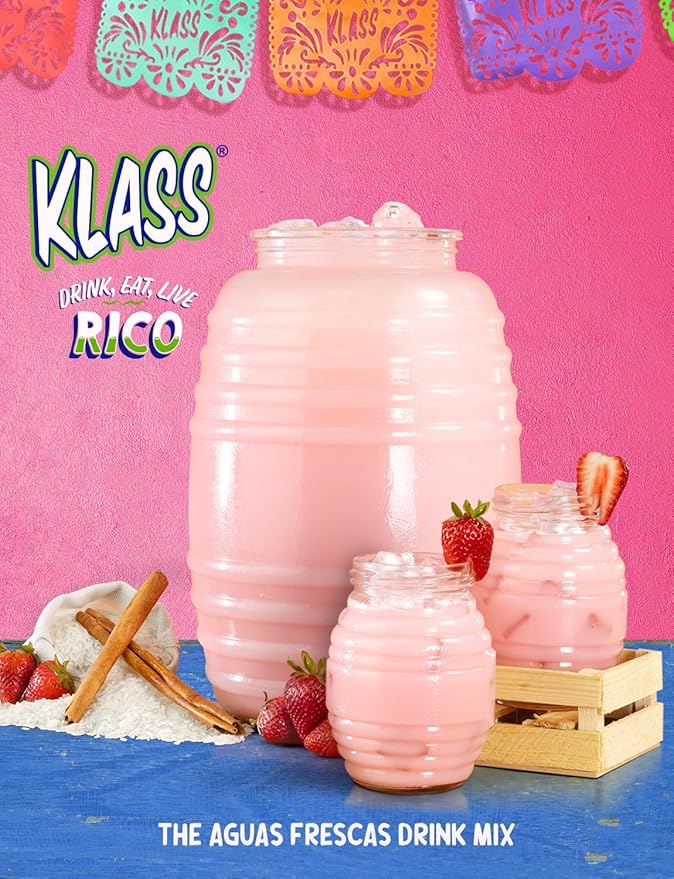 Klass Aguas Frescas | Drink Mix | Horchata & Strawberry Horchata | Flavors From Natural Sources, No Artificial Flavors, With Vitamin C (Makes 7 to 9 Quarts) 14.1 Oz Family Pack (4Pack)