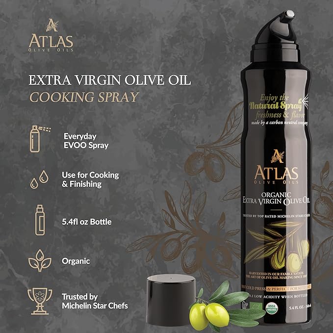 Cooking Oil by Atlas, Extra Virgin Olive Oil Spray, Dual Function Spray and Stream, 5.4 fl oz, 6 Pack Non Stick, Polyphenol Rich Moroccan EVOO, Cold Pressed, Hydroxytyrosol Keto