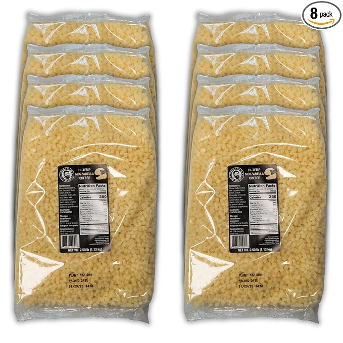 Bearded Butchers High-Temp Mozzarella Cheese, Case of 8 (2.5 lb Bags) ??20 lbs Total, Shelf-Stable 1/4-Inch Cubes for Up to 25 lbs of Meat Per Bag, 400째F High-Temperature Cheese ??Ideal for Sausage Making, Brats, Snack Sticks, Burgers, and More