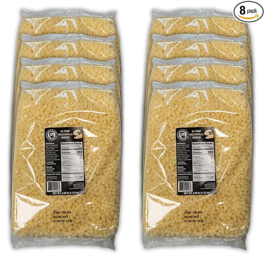 Bearded Butchers High-Temp Mozzarella Cheese, Case of 8 (2.5 lb Bags) ??20 lbs Total, Shelf-Stable 1/4-Inch Cubes for Up to 25 lbs of Meat Per Bag, 400째F High-Temperature Cheese ??Ideal for Sausage Making, Brats, Snack Sticks, Burgers, and More