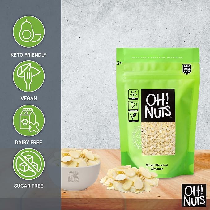 Oh! Nuts Almonds Blanched Sliced - Raw - 100% Natural - 1.5 lb - High-Protein Almonds - Packed in New York Zip-Seal Bag for Exceptional Freshness