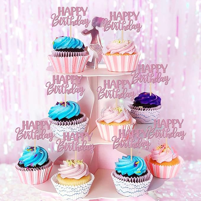 30 PCS Happy Birthday Cupcake Toppers Glitter Happy Birthday Cupcake Picks for Celebrating Birthday Anniversary Theme Party Cake Decorations Supplies Purple