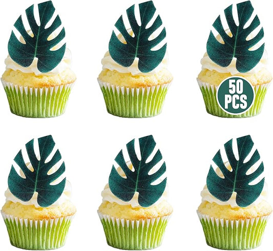 50 PCS Edible Tropical Palm Leaves Cupcake Toppers Wafer Paper Turtle Leaf Cupcake Picks Edible Leaves Cake Decorations for Hawaii Aloha Jungle Theme Baby Shower Summer Birthday Cake Decor Supplies