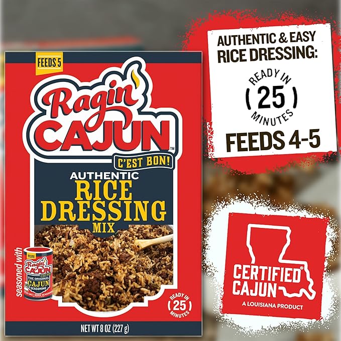 Ragin' Cajun Rice Dressing - 8 oz Box, No MSG, Authentic Louisiana Creole Rice Mix, Perfect for Quick Family Dinners, Ground Beef or Sausage Sides, Easy Cajun Recipe
