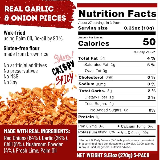 MaeMai Chili Crisp (MEDIUM HOT Spice) - Spicy Umami Onion & Garlic Flakes - All-Purpose Seasoning, Topper | Chili oil WITHOUT THE OIL. Crunchy condiment for rice seasoning, ramen topping | 9.51oz (3-PACK)
