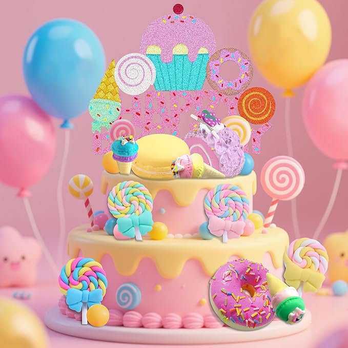 25 PCS Donut Cake Topper Candy Cupcake Toppers Candy Birthday Themed Party Supplies Ice Cream Cupcake Toppers