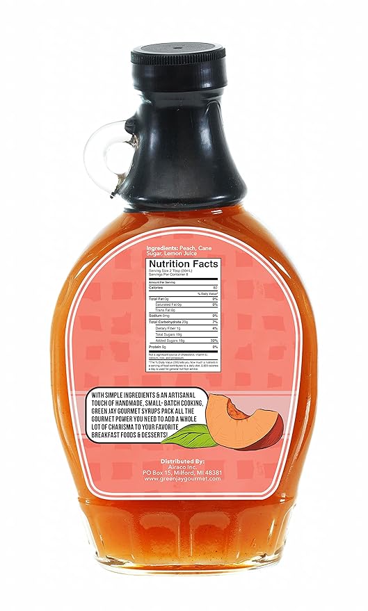 Green Jay Gourmet Peach Syrup - 3 Ingredient Premium Breakfast Syrup with Fresh Peaches, Cane Sugar & Lemon Juice - All-Natural, Non-GMO Pancake Syrup, Waffle Syrup & Dessert Syrup - 8 Ounces