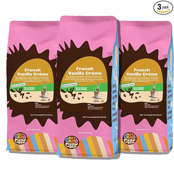 Crazy Cups Decaf Flavored Ground Coffee, French Vanilla Cr챔me, Brew Hot or Iced Coffee, 10 Oz Bags, 3 Pack