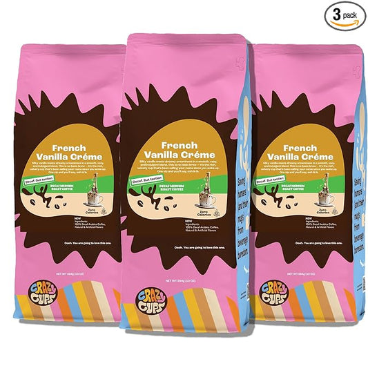 Crazy Cups Decaf Flavored Ground Coffee, French Vanilla Cr챔me, Brew Hot or Iced Coffee, 10 Oz Bags, 3 Pack