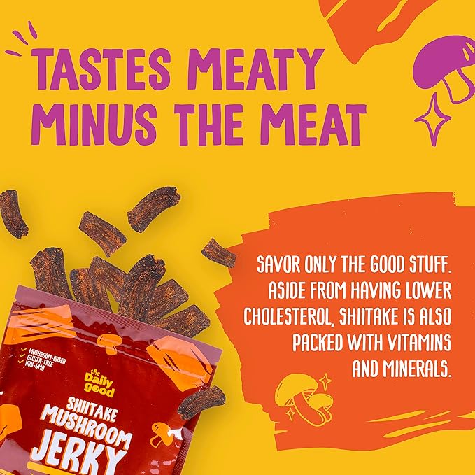 The Daily Good Mushroom Jerky - Single-Pack Snacks, High-Fiber Mushroom Snack, Meatless & Gluten-Free Food, Contains Eggs, Made from Shiitake Stalk, 0.58 lbs., Vegetarian, Charcoal Grill (BBQ Flavor)