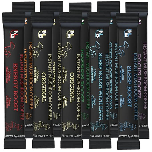 Variety Organic mushroom Instant Coffee - 10 x 9g Packets - Healthy Coffee alternative and Substitute - With Chaga, Collagen, Lions Mane and Antioxidants