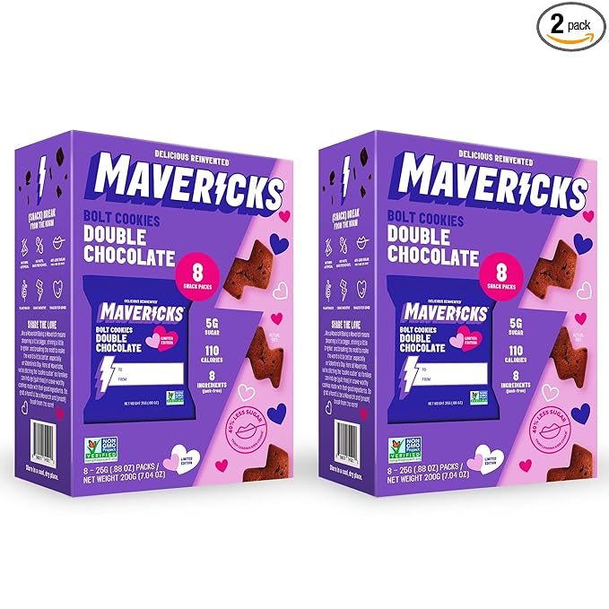 Mavericks Double Chocolate Bolt Cookies - Healthy Chocolate Chip Cookies, Plant-Based Snack for Kids, Nut Free - Holiday Limited Edition, 2 Boxes (16 Pouches)