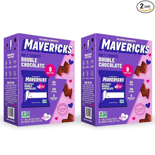Mavericks Double Chocolate Bolt Cookies - Healthy Chocolate Chip Cookies, Plant-Based Snack for Kids, Nut Free - Holiday Limited Edition, 2 Boxes (16 Pouches)