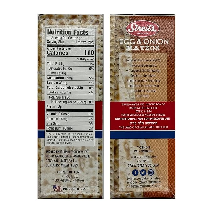 Streit's Egg & Onion Matzo - Thin & Crispy, Low Sodium, Low Fat, Family Owned, Kosher Certified, Pair with Soups, Spreads & Salads (11oz, Pack of 3)